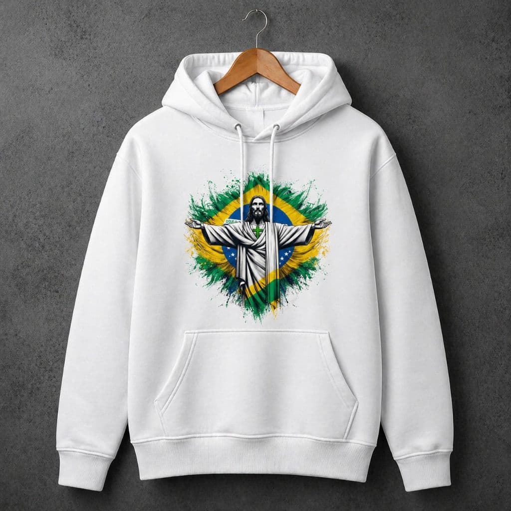 Moletom Jesus Cristo Brasil Masculino Feminino Gospel Cristão Canguru Com Capuz Streetwear Azul Marinho