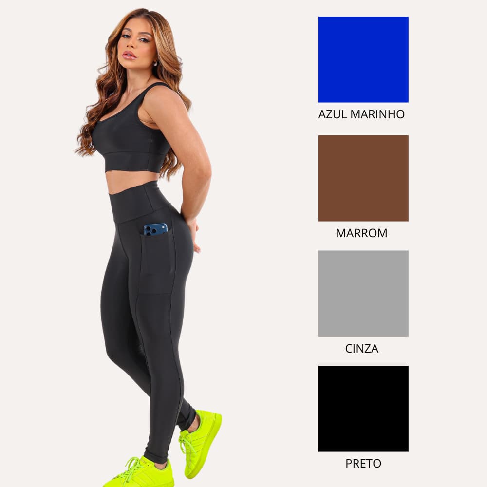 Conjunto Treino Academia Feminino Top Reforçado + Calça Bolso Compressão Alta Confortável