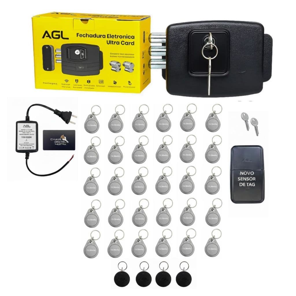 Kit Fechadura Ultra Card + 30 Chaveiro Digital Tag 13,56Mhz para Portão Condominio Residencial