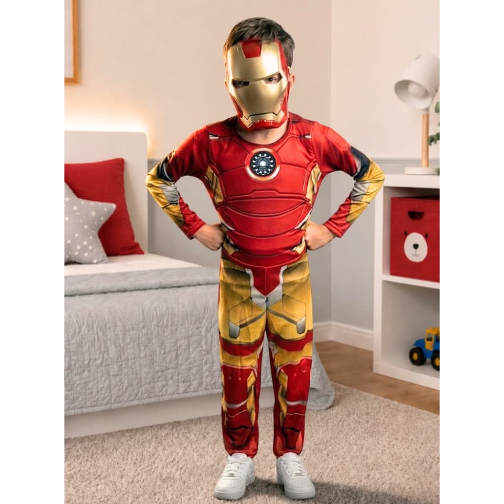 Roupa Infantil Homem De Ferro Longo Com Mascara De Plástico e Com Enchimento