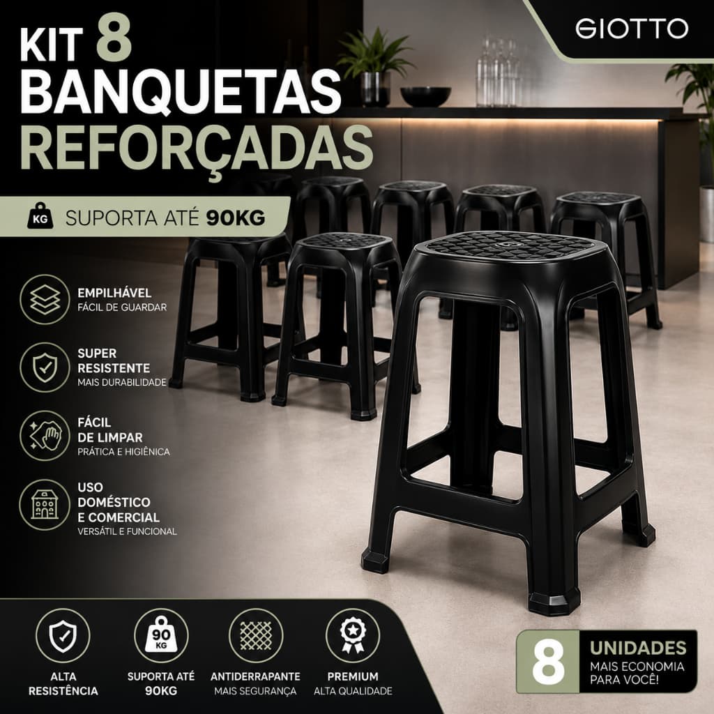 Kit 8 Banqueta Reforçada Altas Banquinhos Preto Bancos Cadeiras Cozinha e Bar Giotto