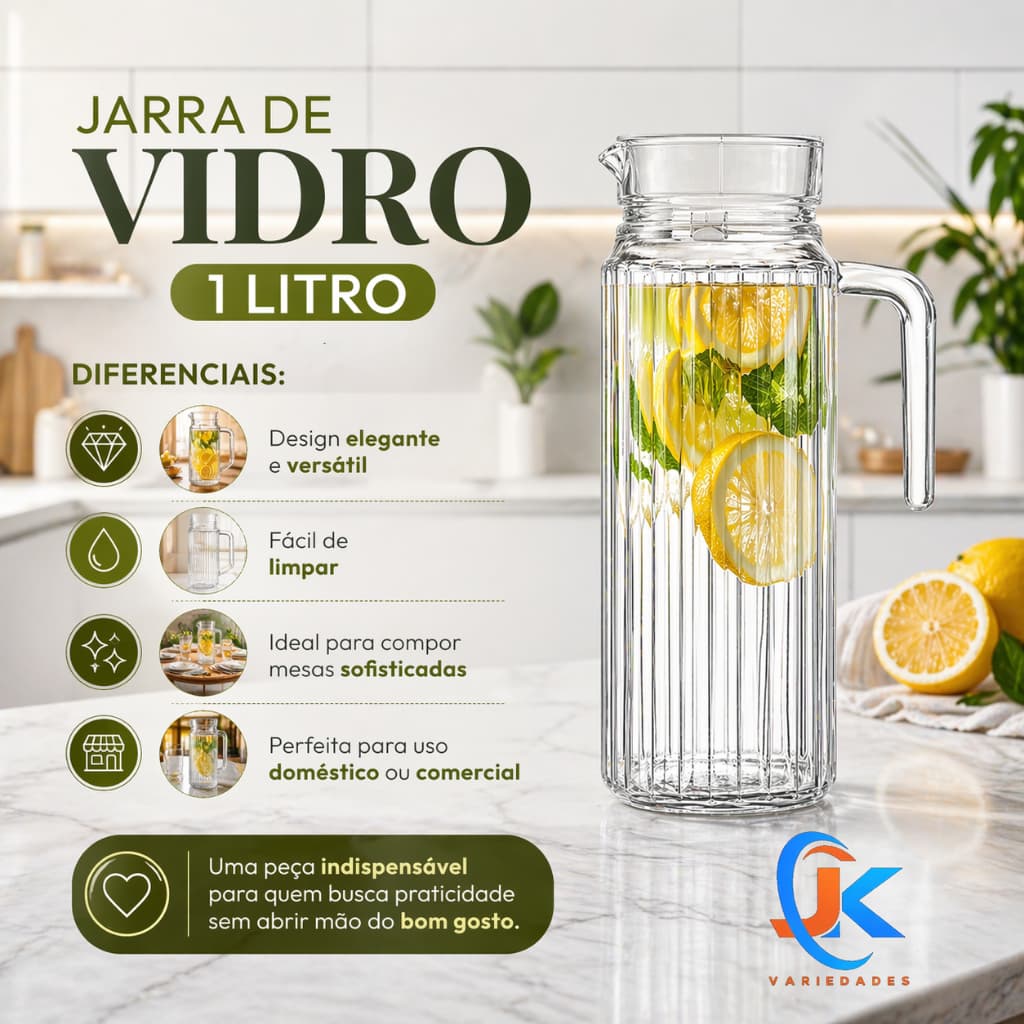 Jarra Suiça  De Vidro Com Tampa Branca 1 Litro Casual Água Sucos E Drinks.