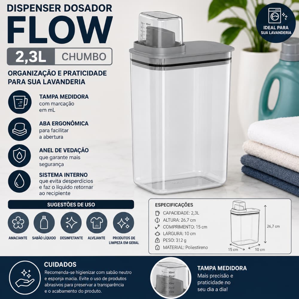 Dispenser Dosador Flow 2,3L Chumbo Com Tampa Medidora