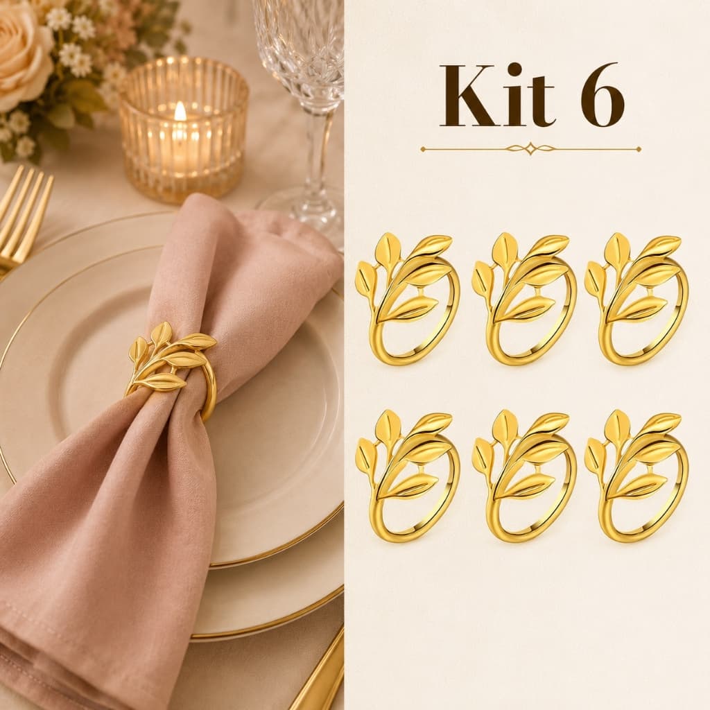 Kit 6/8 porta guardanapos - anéis de guardanapos de metal Folhas /  ramos dourado