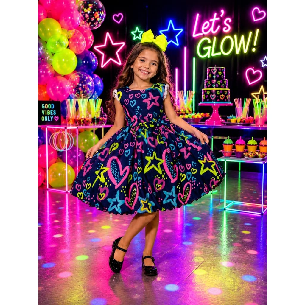 Vestido Neon Infantil Festa Balada Luxo Azul Marinho 4 a 16 Anos Brilha no Escuro