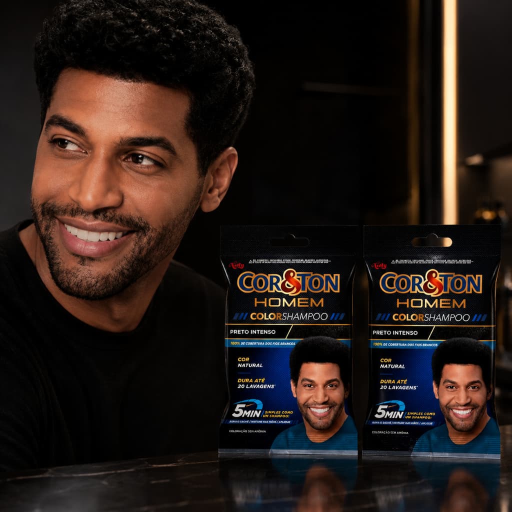 Kit c/ 2 Shampoos 5 min Color Tonalizante Niely Cor&Ton Homem Preto Intenso sachet-10ml