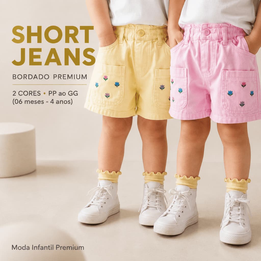 Short Menina Infantil Jeans Brim Bordado Premium - 16 Cores - Tam 6 meses a 4 anos - Cintura Elástica