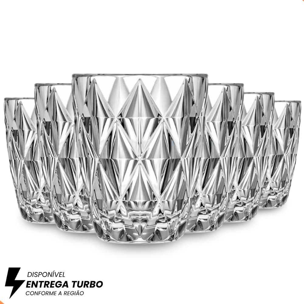 Jogo de Copo Diamond 300ml Vidro Grosso – Kit 6 ou 12 Un | Luxo Elegante para Água, Suco e Drinks