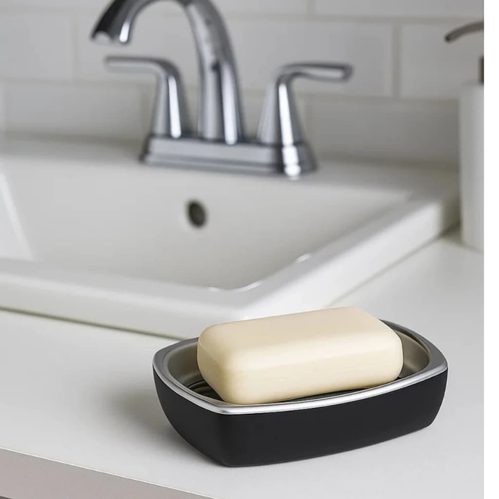 Saboneteira De Bancada Porta Sabonete Lavabo Luxo Arthi Preto com Prata .