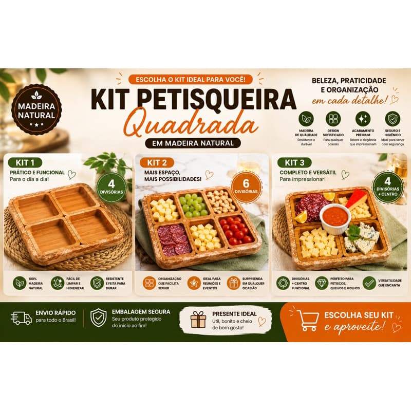 Petisqueira Quadrada Madeira 4 Divisórias Petiscos Queijos Frios Churrasco Premium