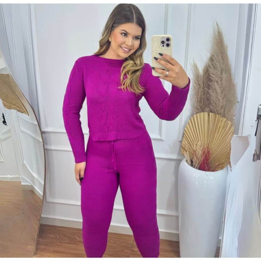 Conjunto Feminino Tricô Inverno | Blusa Manga Longa + Calça Elegante em Fio Poliéster