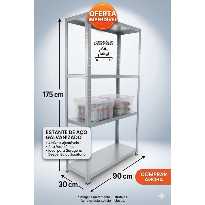 Estante de Aço Galvanizado 90x30x175cm – 4 Prateleiras Ajustáveis | Alta Resistência