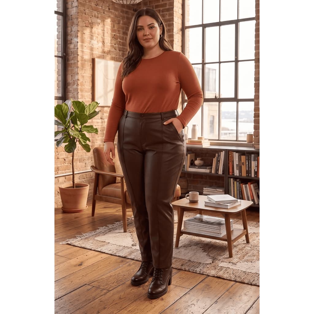 Calça couro fake corino plus size cintura com elastico e ajuste g1 g2 g3 46 a 54 preta e marrom