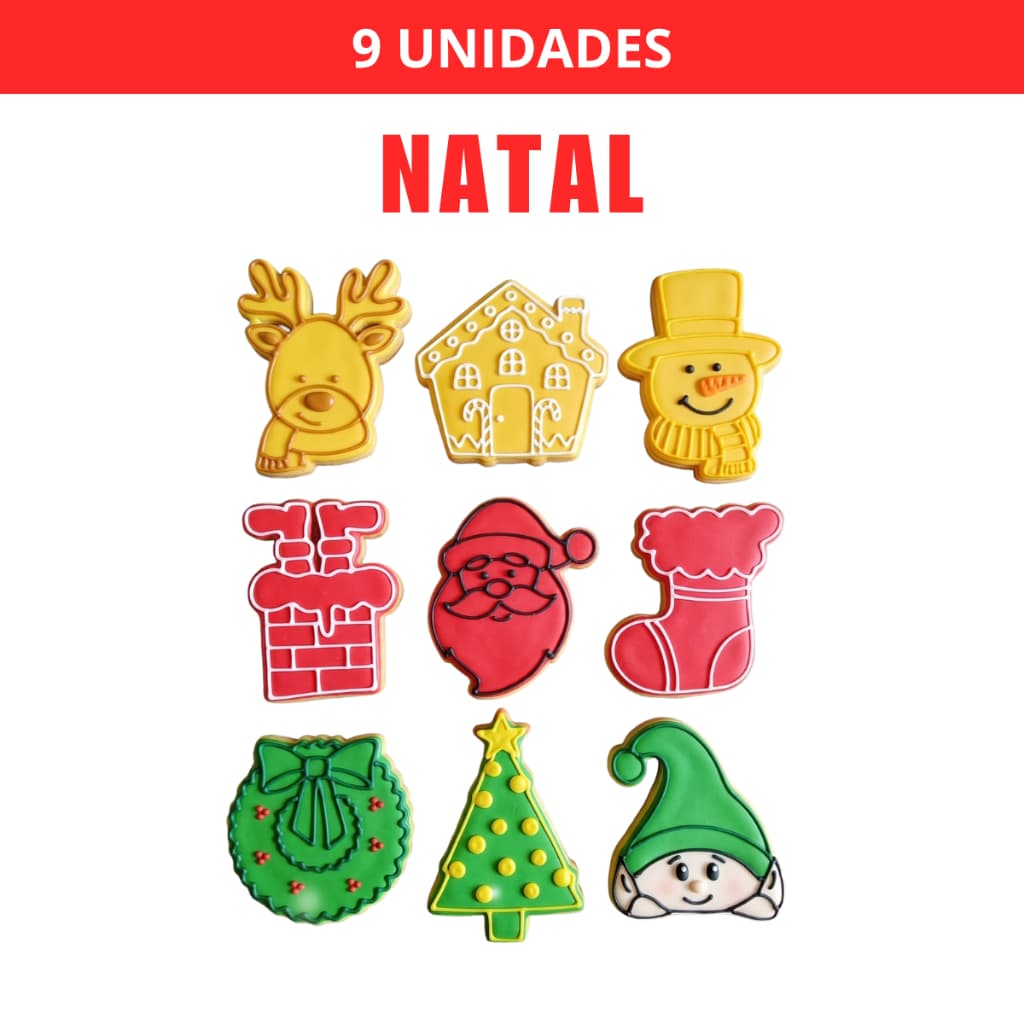 Kit 9 Cortadores e Carimbos de Biscoito Natal Fim de Ano com Puxador Profissional