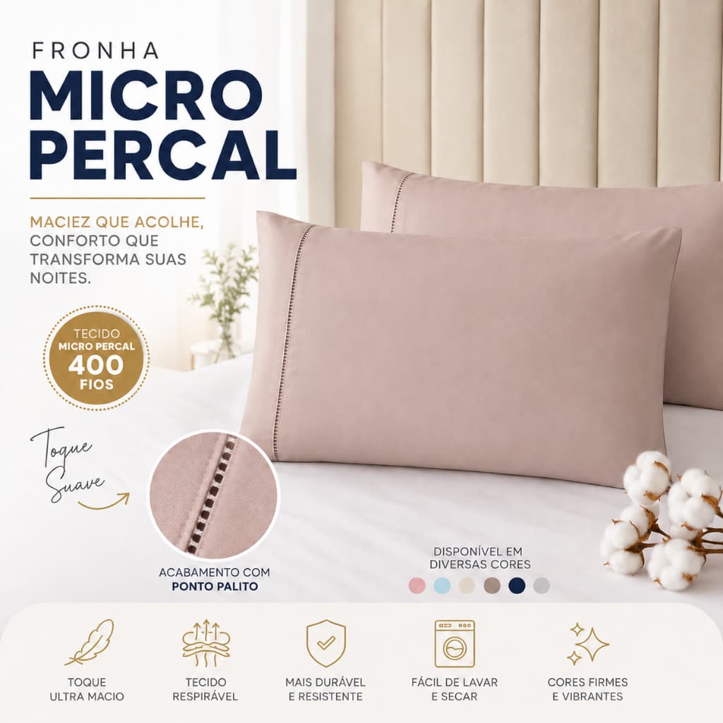Kit 2 Fronhas Travesseiro Micropercal 400 Fios com Ponto Palito – Toque Macio Aveludado Premium Para Travesseiro