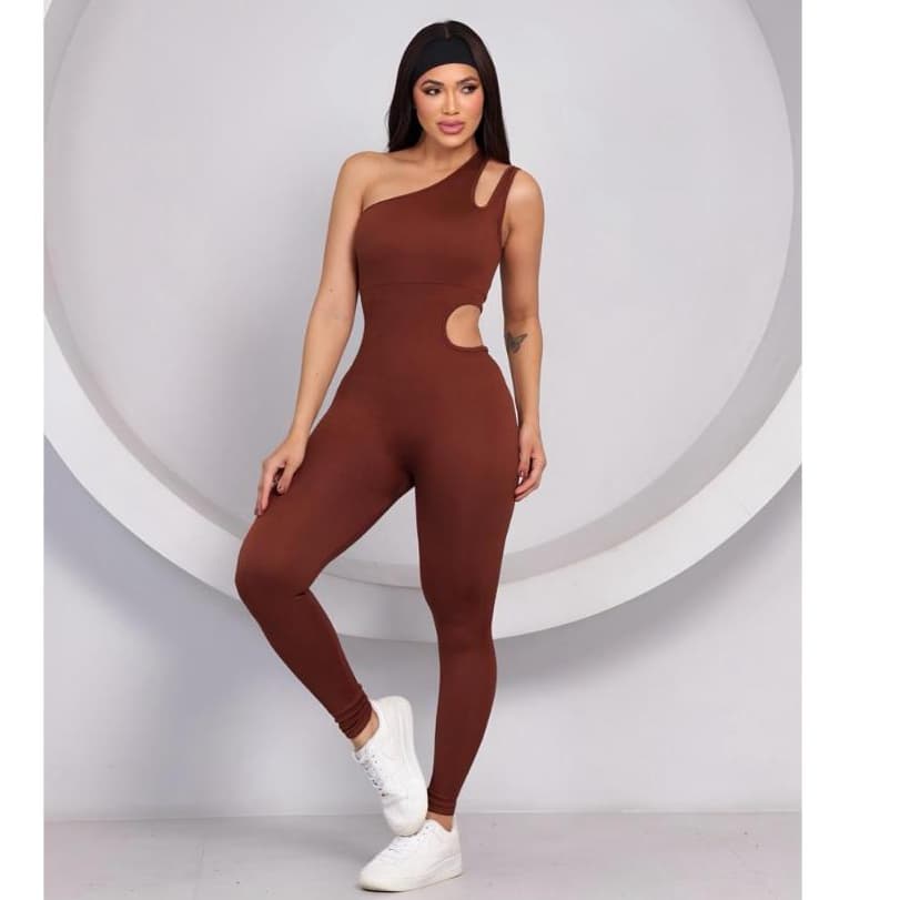 Macacão Longo Feminino Alça Assimétrica Poliamida Canelado Com Bojo Modelador Fitness Academia Sem Transparência