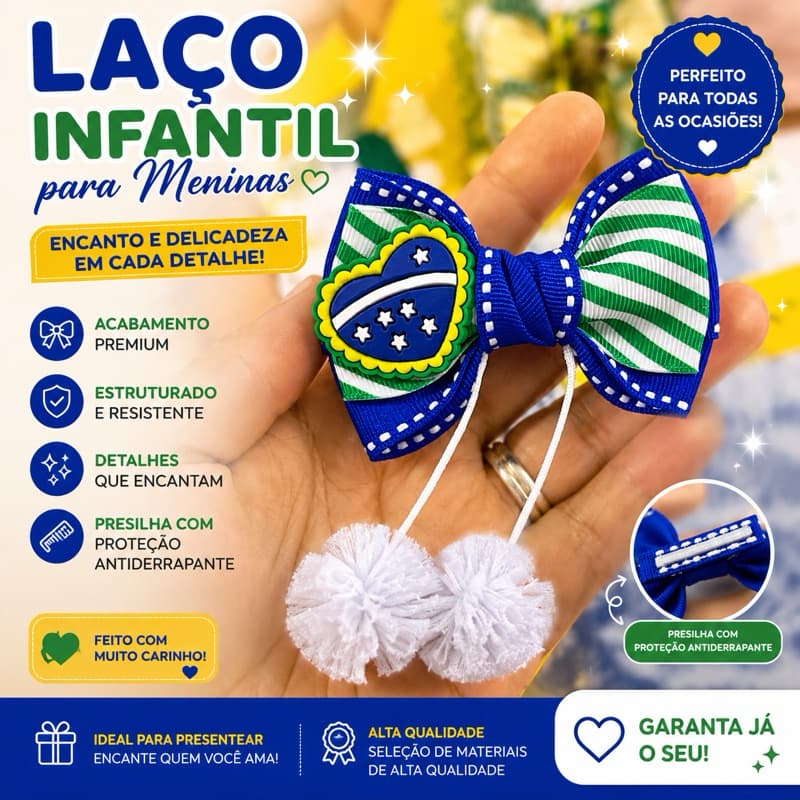 Laço Infantil Azul e Verde Copa do Mundo Acessório de Cabelo para Menina com PomPom do Brasil Mini Torcedora