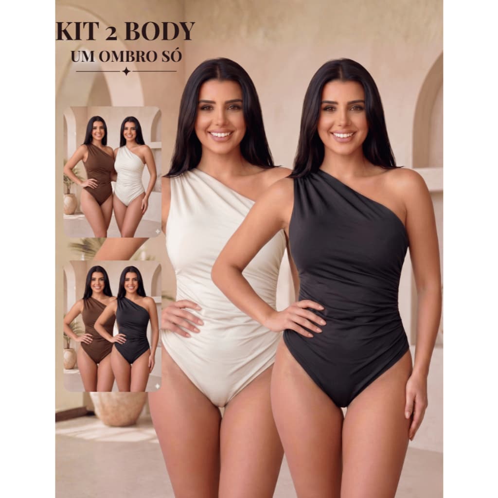Kit 2 Body Feminino Mula Manca Suplex Premium Nula Manga Drapeado Um Ombro Só Forrado