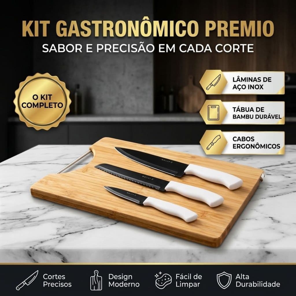 Kit Conjunto Gastronomico Utensilios 4 Peças Tábua de Bambu + Kit 3 Facas - Para Cortes Utensilio de Cozinha