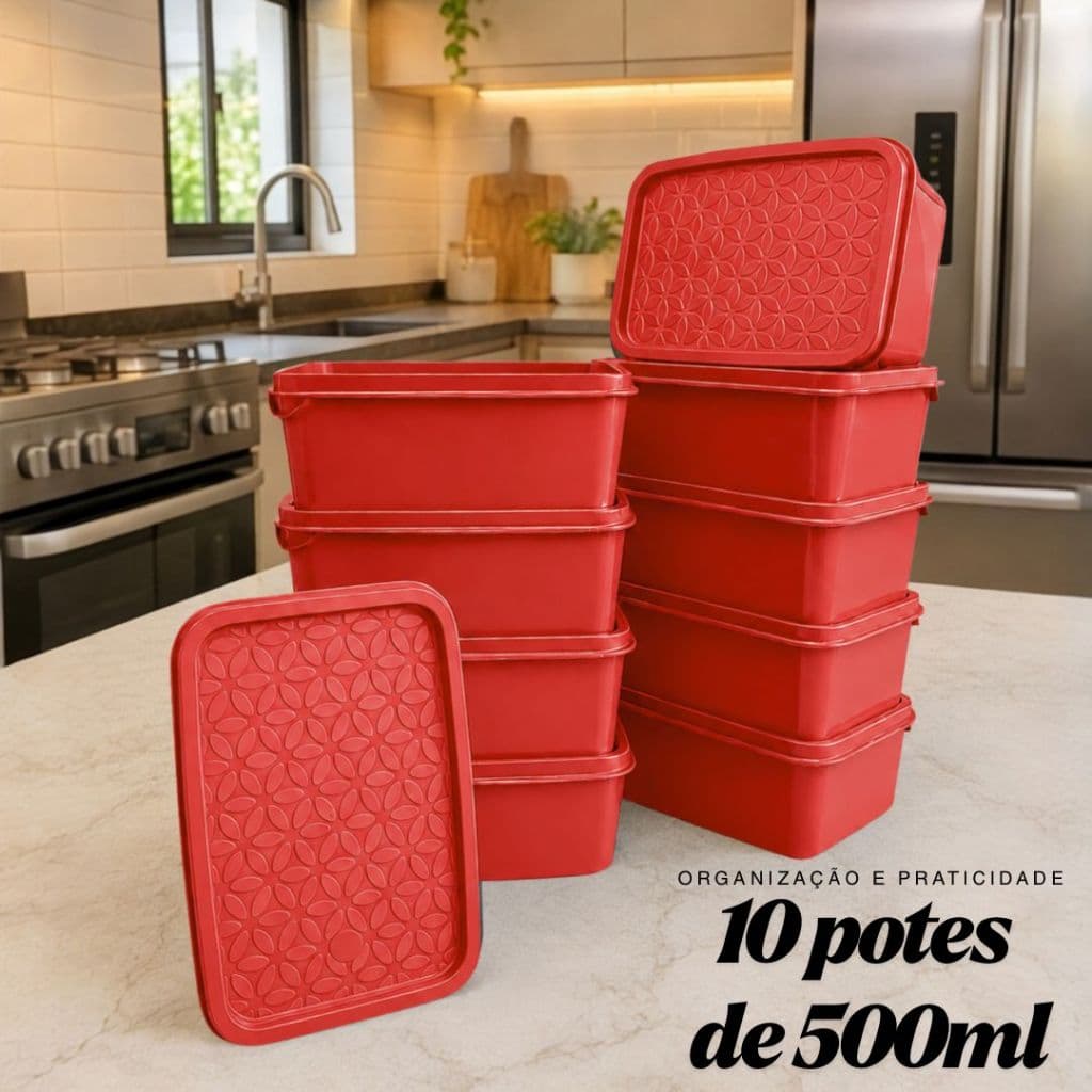 Conjunto 10 Marmitas Retangulares Herméticos de Plástico com Tampa