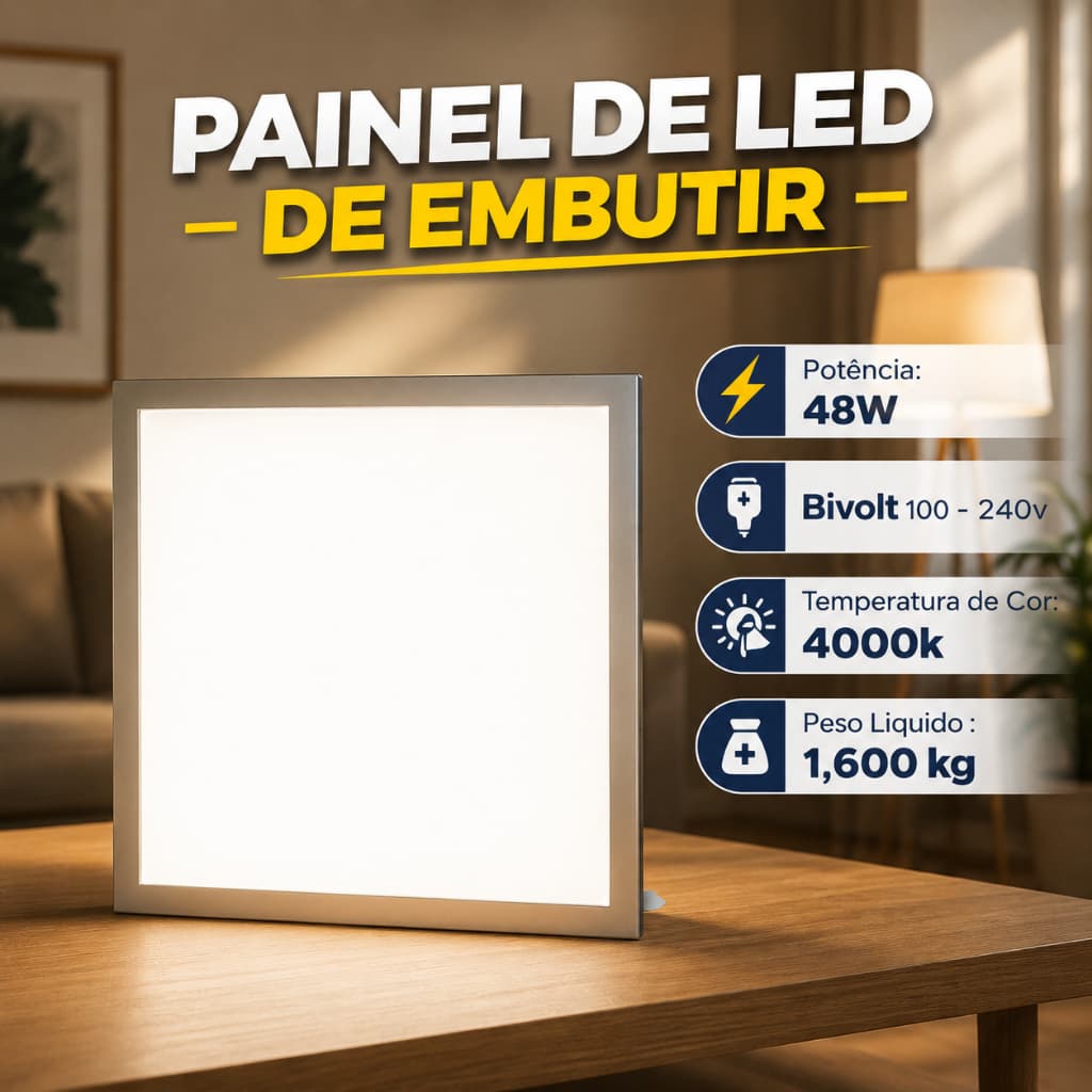 Painel Plafon de Led Embutir 48w Quadrado 62cm x 62cm 4000K