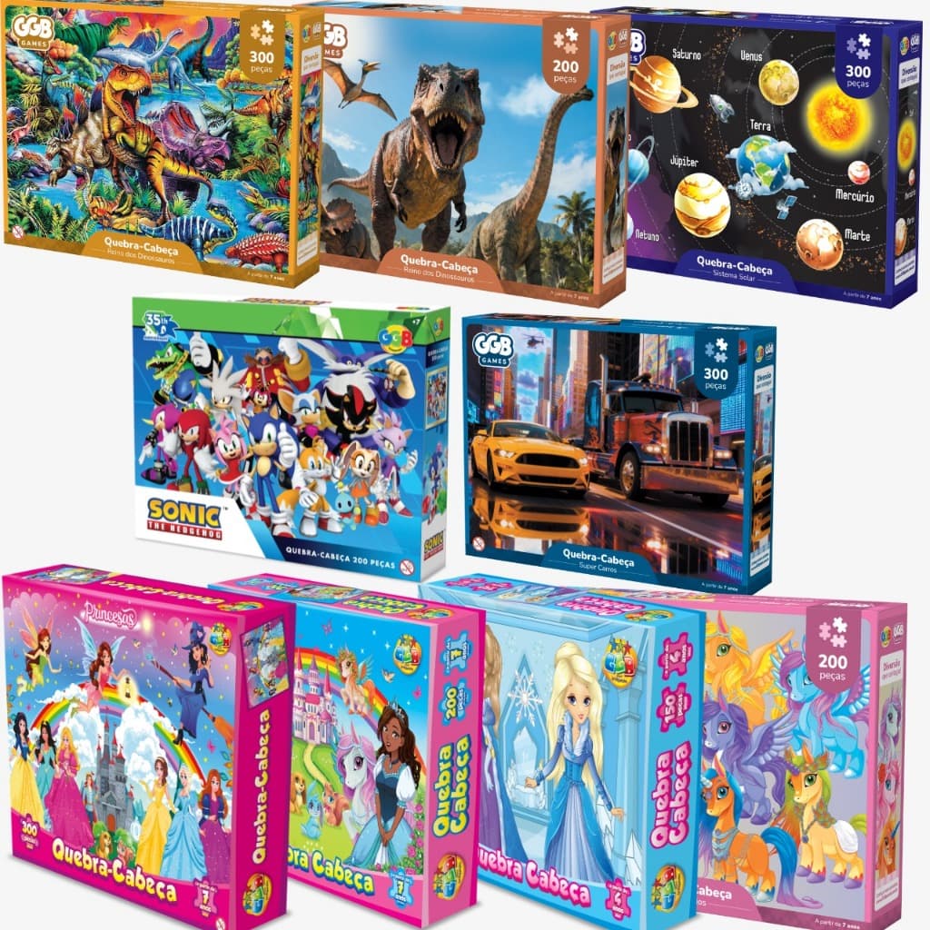 Quebra Cabeça Infantil 100 200 e 300 Peças 4 e 7 Anos Dino Princesas Unicórnio Sonic Educativos GGB