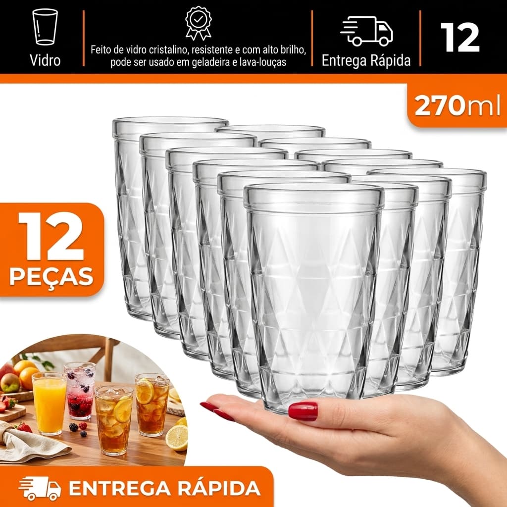Kit 12 Copos Zumba Vidro SM Nadir 270ml Jogo Cozinha Estilosa Bar Restaurante Buffet Drink Bebidas