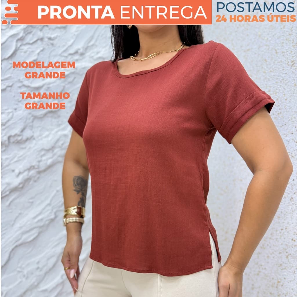 Blusa Social Feminina Manga Curta Tshirt Elegante Viscolinho Elastano Grande