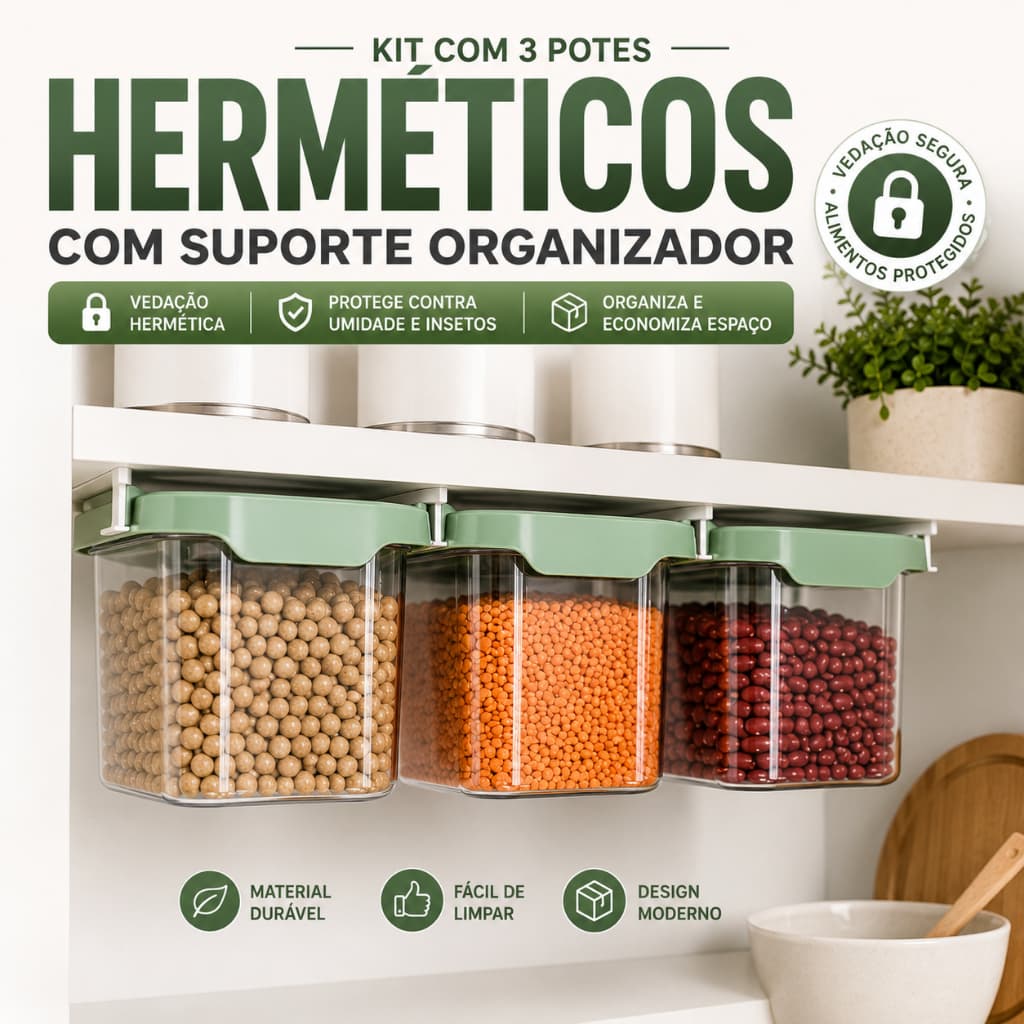 Kit 3 Potes Herméticos Suspensos Organizador de Cozinha com Tampa Vedada e Suporte Verde