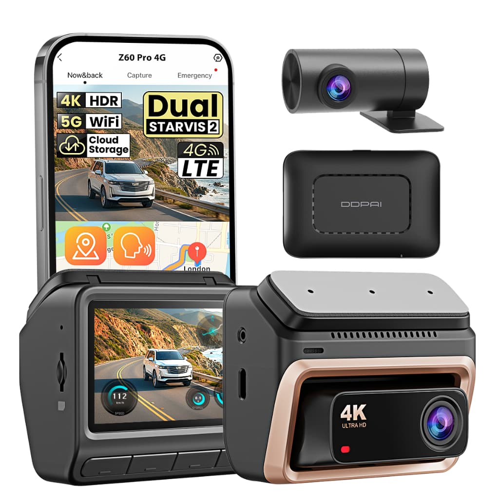 Câmera Veicular DDPAI Z60 Pro 4G Monitoramento Remoto 4K+ 1080P HDR Visão Noturna STARVIS 2 IMX678 WiFi 5G GPS 3" Tela