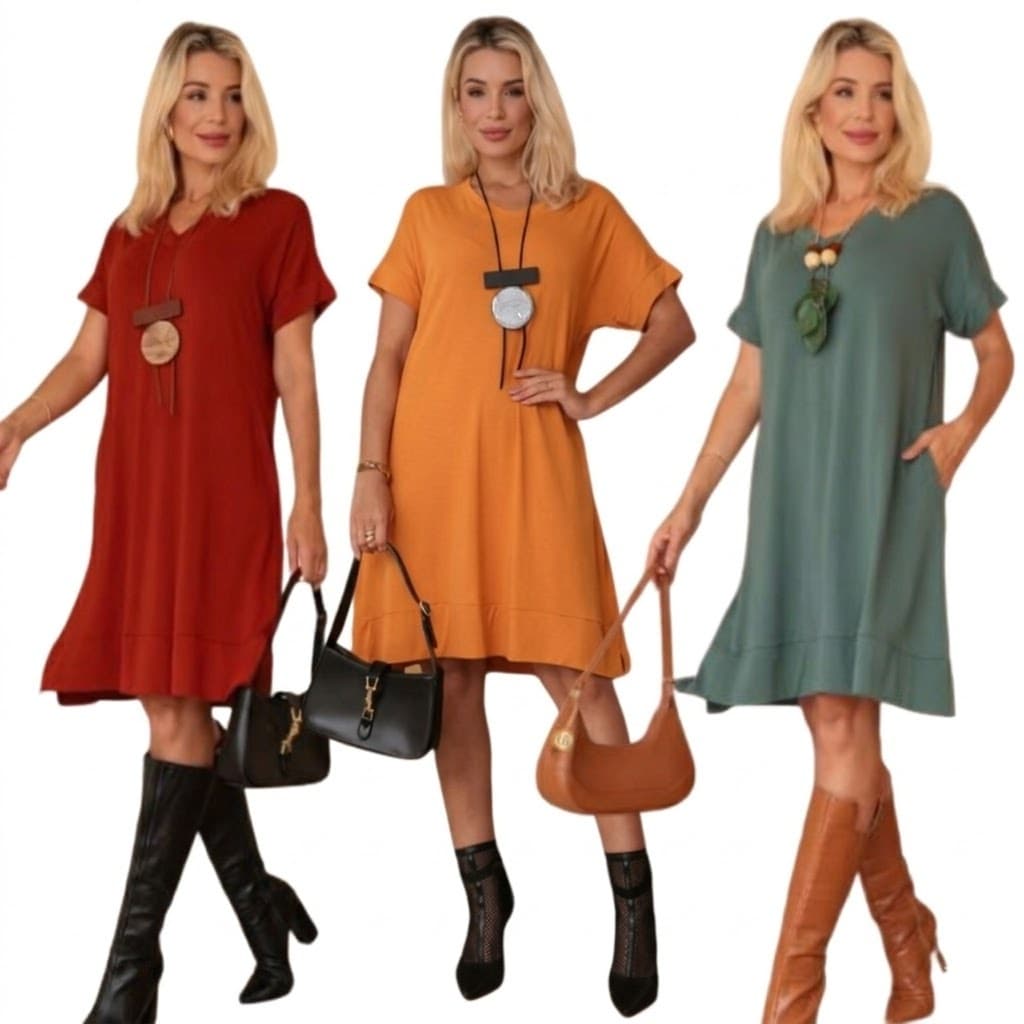 Vestido midi com bolso elegante confortável soltinho casual dia a dia  moda feminina básico  leve moderno