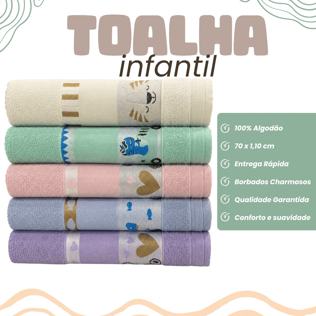 KIT 2 Toalhas de Banho Infantil 100% Algodão Bordado de Desenho Premium