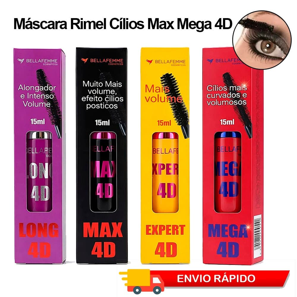 Máscara Rimel Cílios Max Volume Alonga Curva Bella Femme 4D