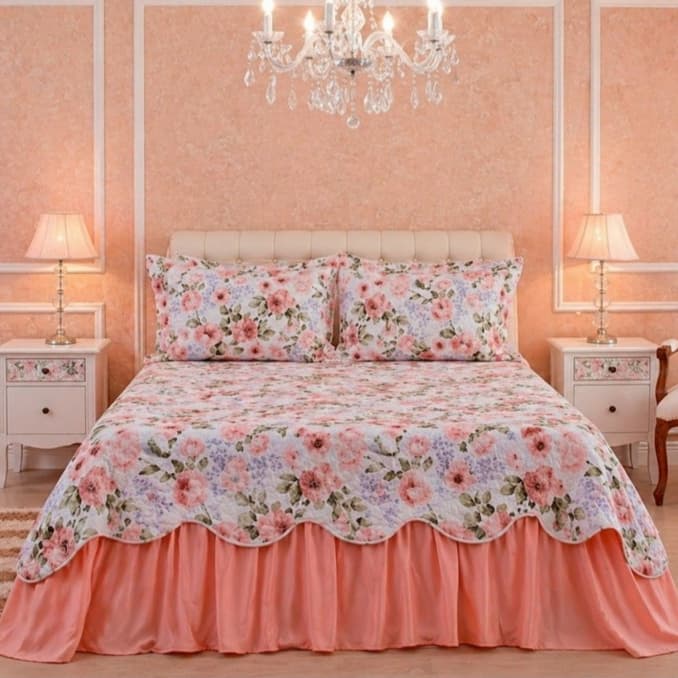 Kit Colcha Cobre Leito Belize Estampado Casal Queen 3 Peças Babado Exclusivo Ondulado