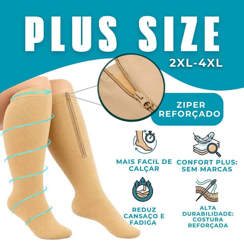 PAR de Meias  Compressão PLUS SIZE ( 20-30mmHg ) Super Confort com ZÍPER Ideal para Varizes Inchaço e Trombose