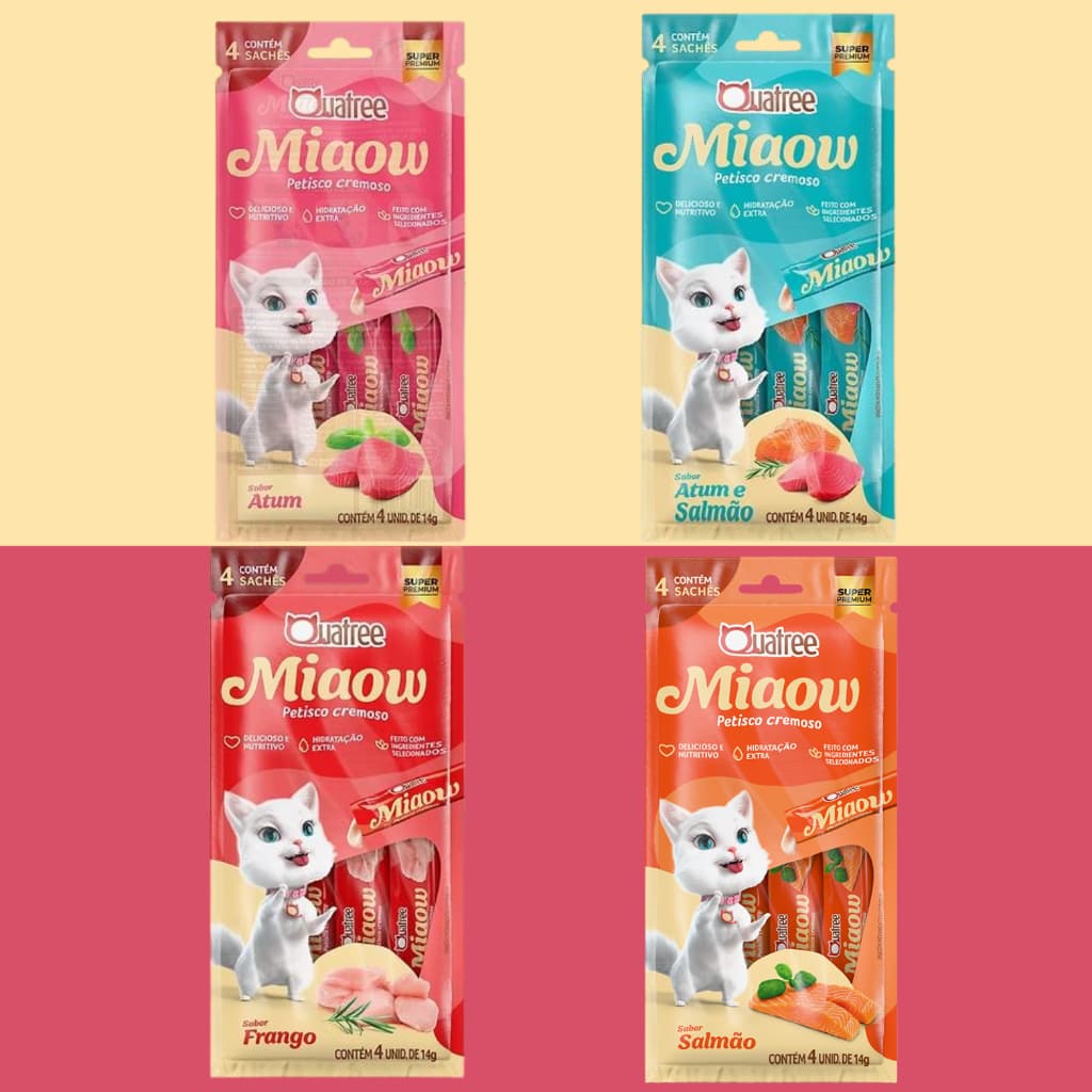 Quatree Miaow Gatos Creminho Sachê com 4 unidades - Salmão - Atum e Salmão - Frango - Atum