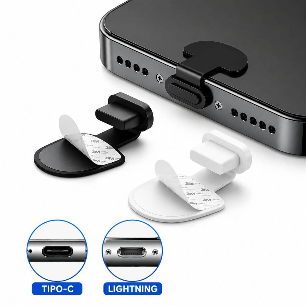 Kit Protetor Anti Poeira USB-C Lightning Tampa Silicone Celular Adesivo 3M