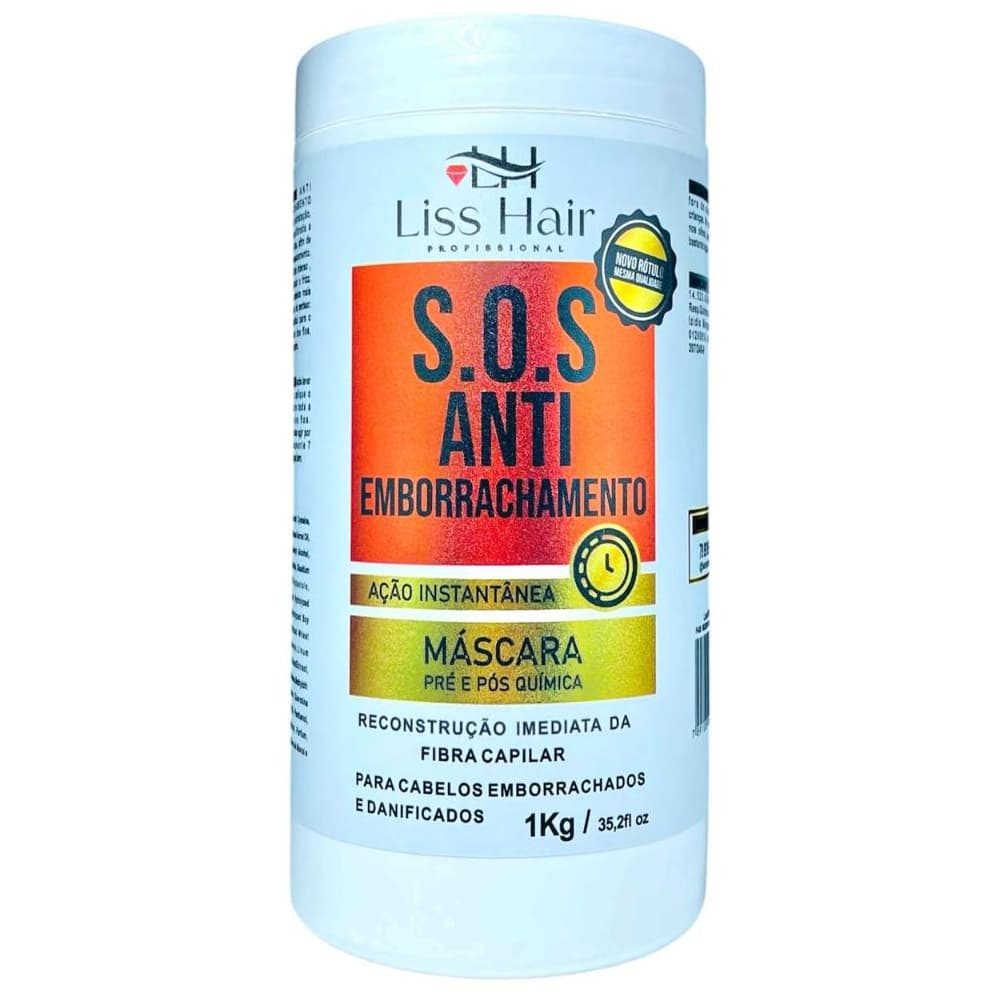 Máscara de Reconstrução S.O.S Antiemborrachamento Ação Instantânea 1Kg Linha Premium Liss Hair