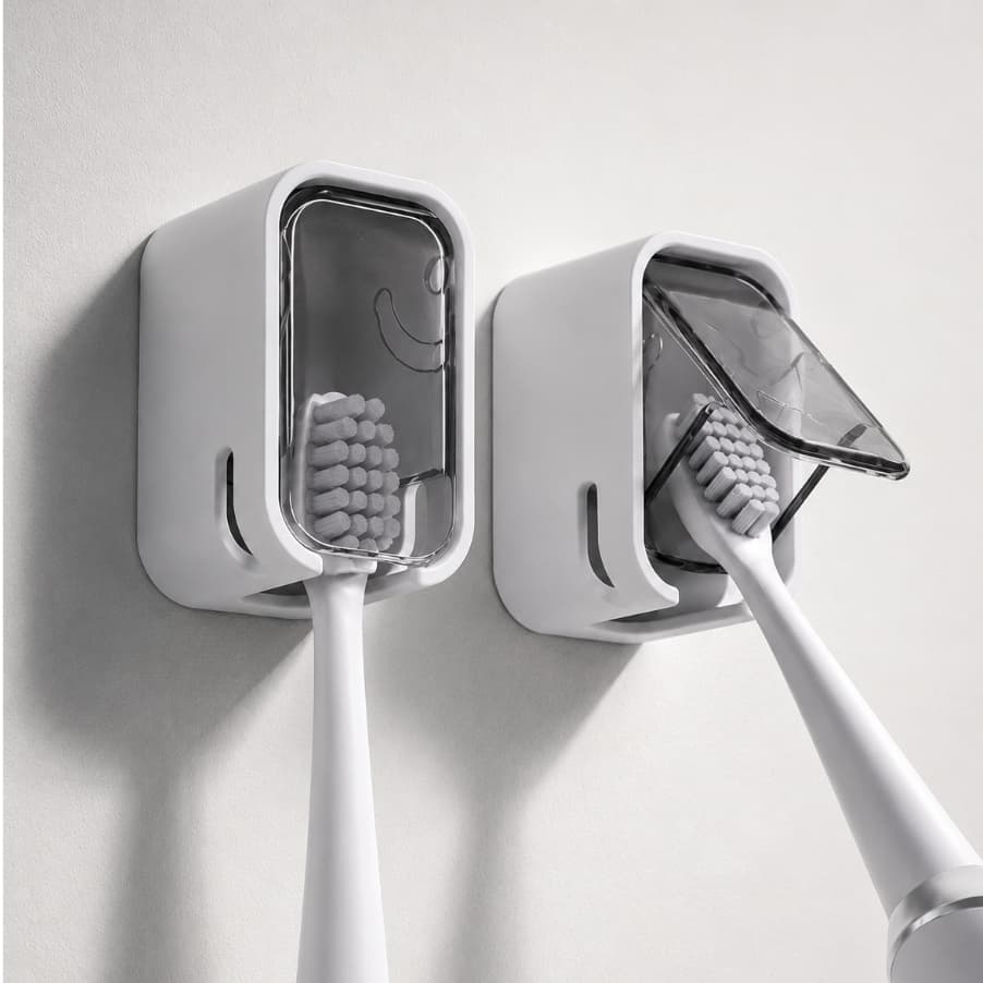 Suporte Escova de Dentes 2 em 1 Autoadesivo com Tampa Automática Organizador Premium Cinza