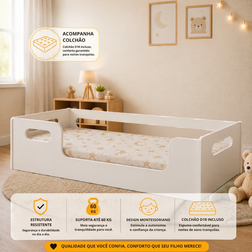 Mini Cama Infantil Branca Montessoriana MDF Com Colchão D18 Incluso- Menino Menina-Grade de Proteção