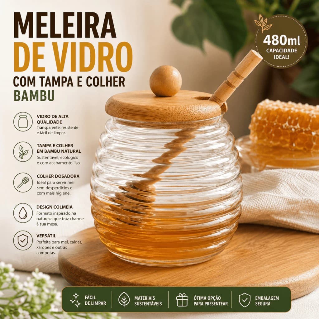Meleira de Vidro Com Tampa e Colher Bambu 480ml