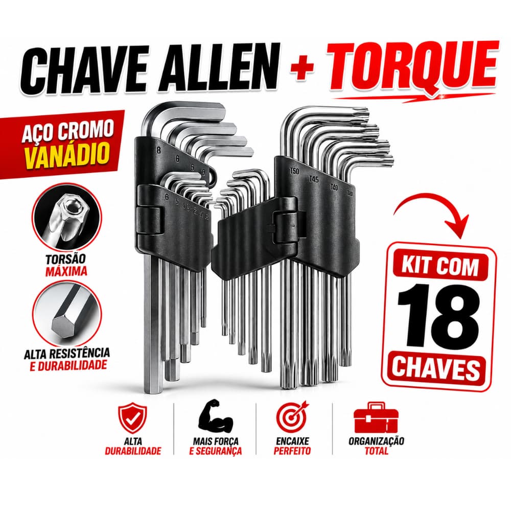 Jogo de Chave Torx + Jogo Allen Curta Kit com 18 Peças Torque e Allen T10 até T50
