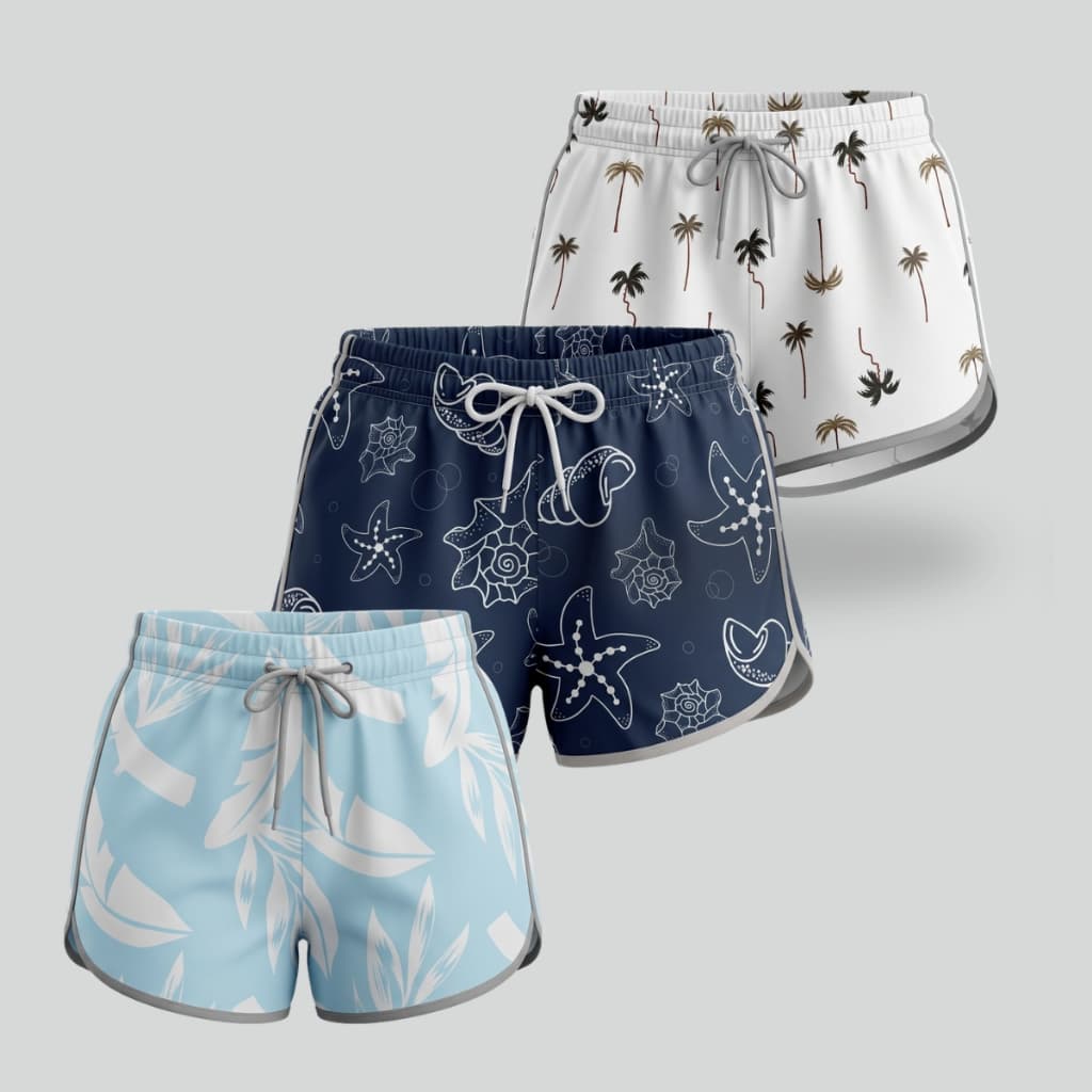 Kit 3 Shortinhos Feminino Estampado Cintura Alta Com Fenda Lateral Modelagem Canoa Tactel Elastano
