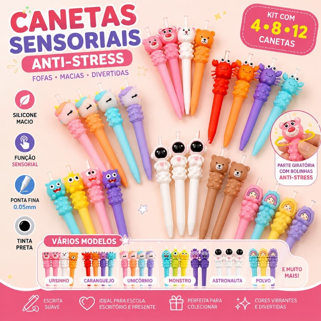 Caneta sensorial fofa com personagens variados e ponta fina 0.5mm Tinta Preta