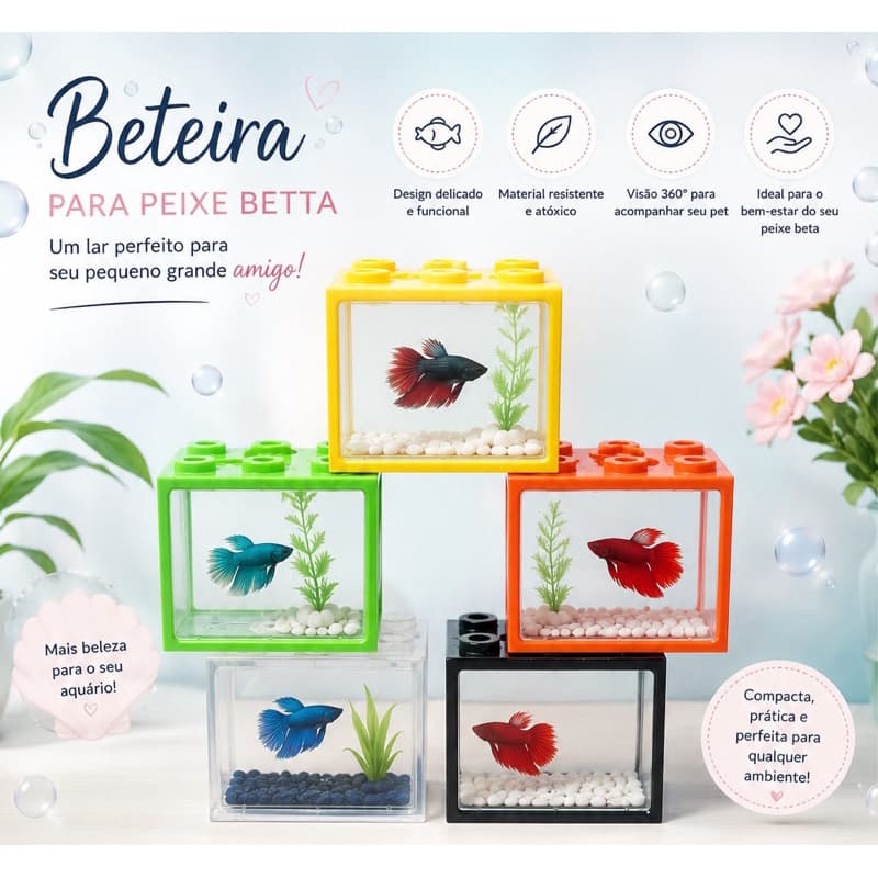 Beteira Mini Aquário para Peixe Betta – Colorida e Decorativa