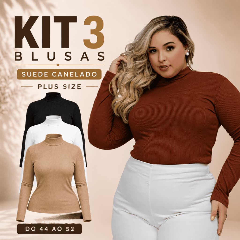 Kit 3 Blusa Plus Size Feminina Manga Longa Gola Alta Suede Canelado