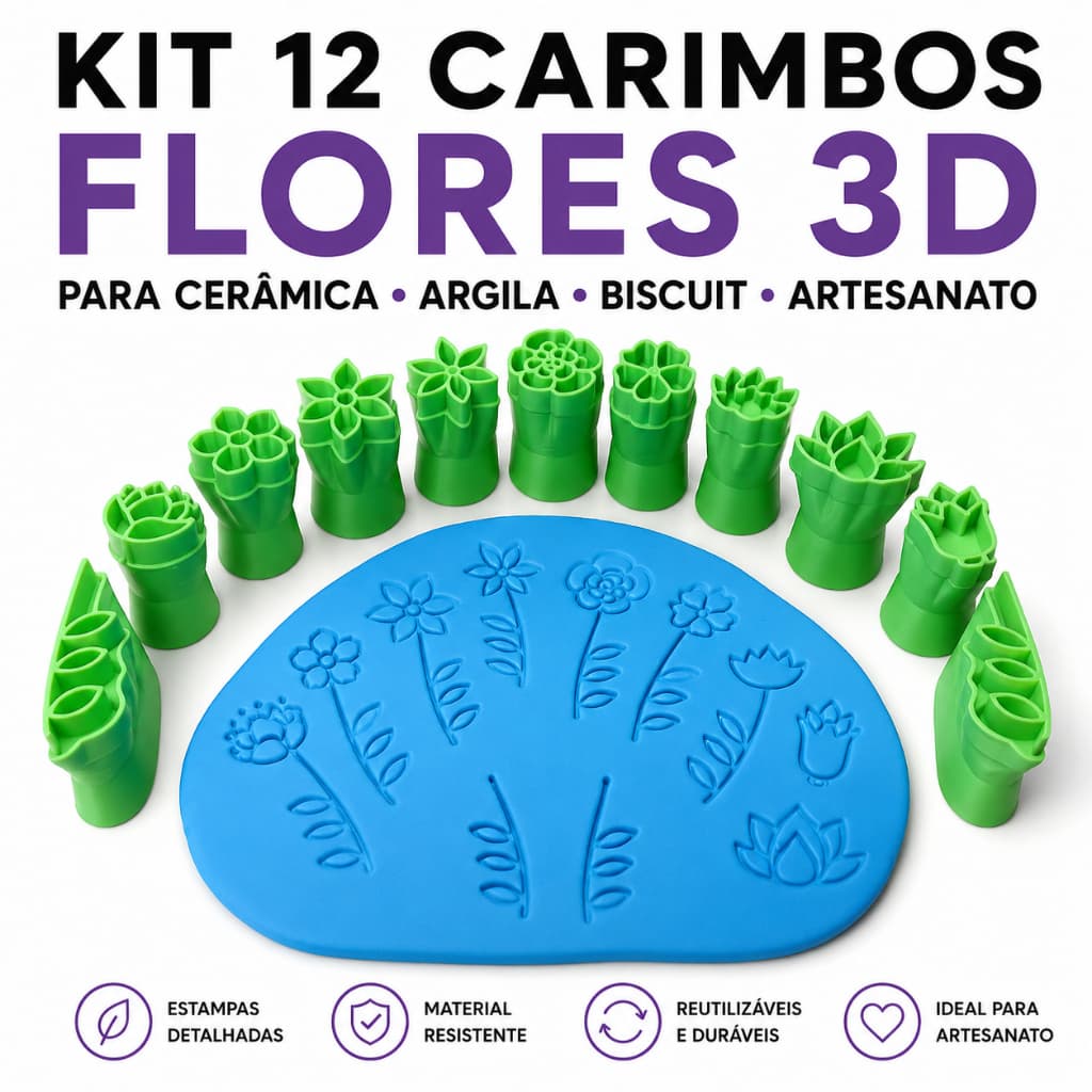 Kit 12 Carimbos Flores 3D para Argila, Biscuit e Cerâmica | Moldes Florais Artesanato | Textura em Relevo
