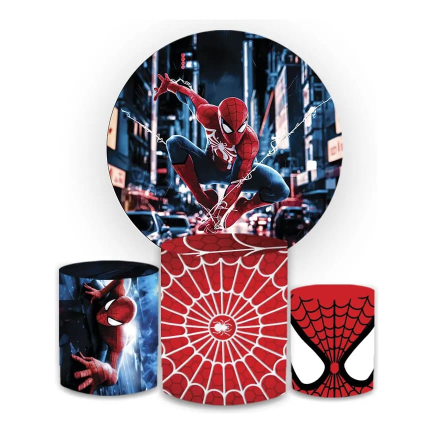 Kit Capa De Painel Redondo + Capas De Cilindro Para Festas Tema Infantil Spider Man Miranha