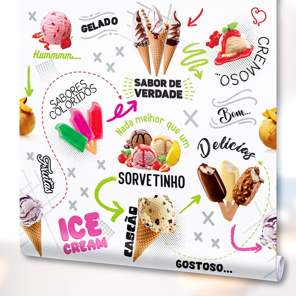 Papel de Parede Decoração Sorveteria Sorvetes Recepção Lavável Branco