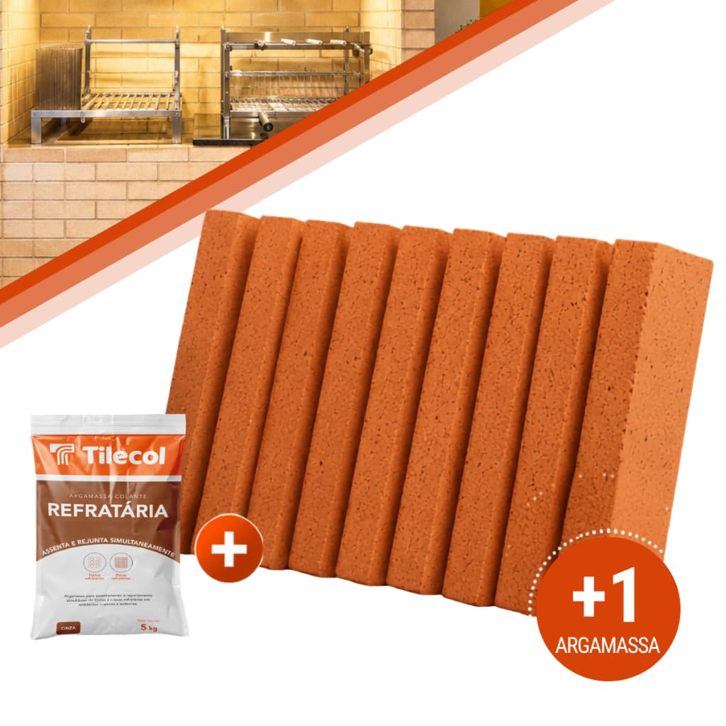 Kit 10 Plaqueta Refratária + 1 Argamassa 5kg Tilecol Alta Temperatura Churrasqueira Forno Lareira